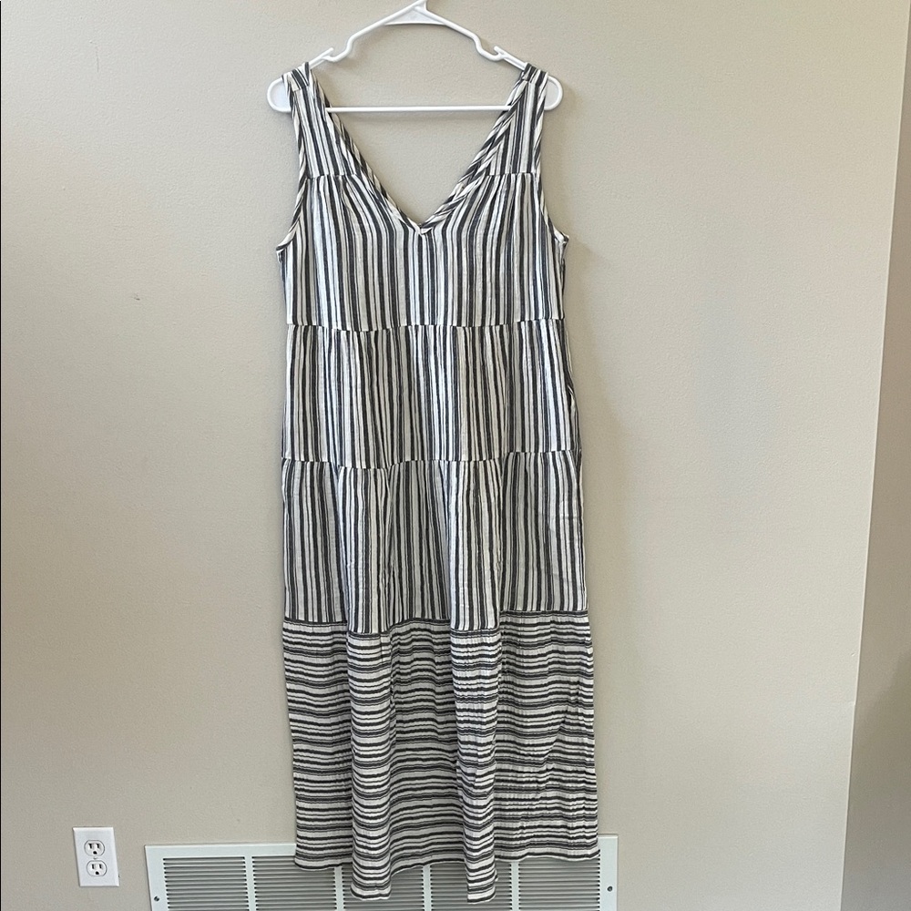 Marine Layer Black and White Striped Ruffled V-Neck Maxi Dress, Sz S